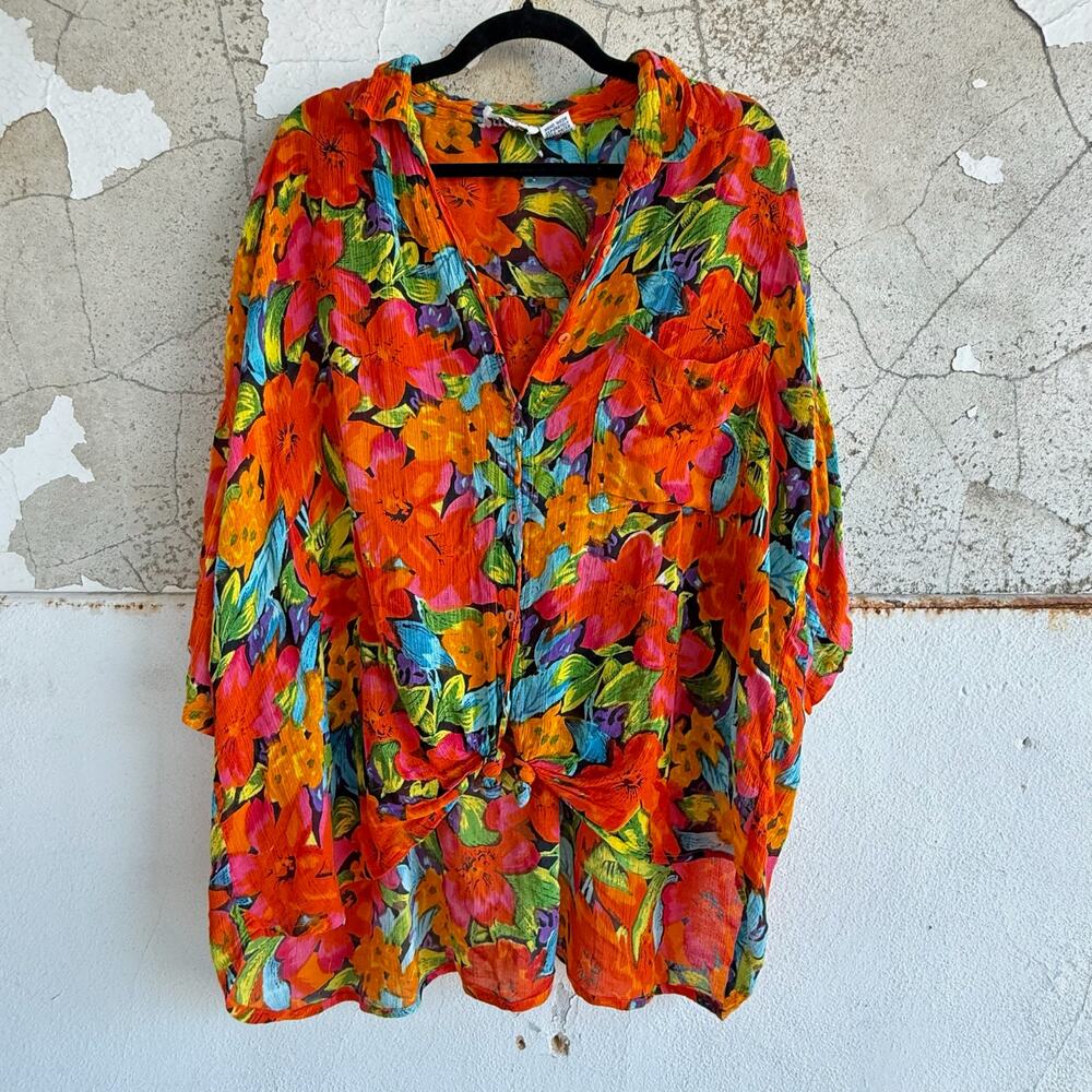 Vintage 90s Oversized Sheer Chiffon Floral Blouse Button Up Boho Cottagecore